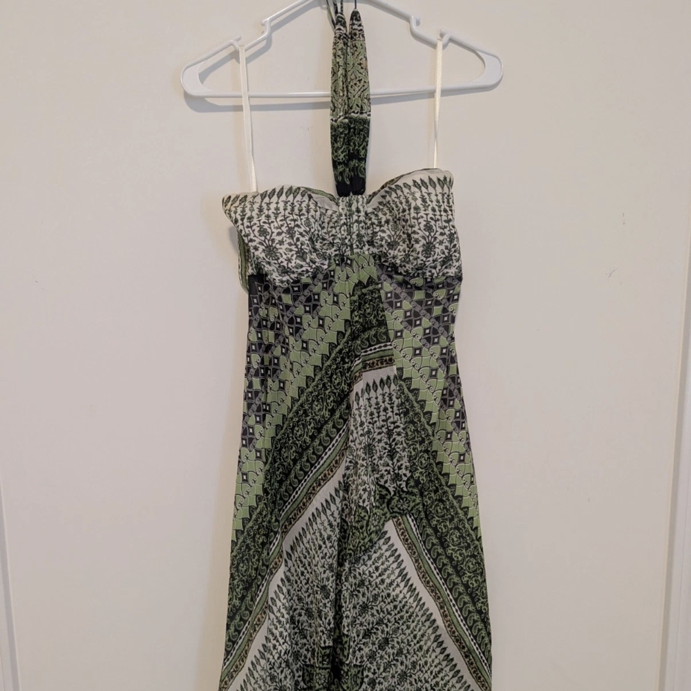Max and Cleo Silk Halter Dress Green Black Boho Size 8